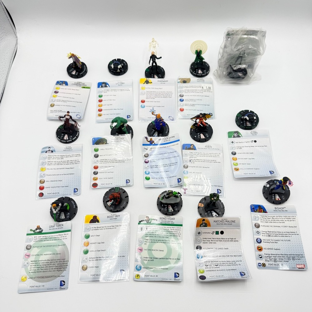Heroclix DC Comics Uncommon, Super Rare, Unique Mixed Lot of 15 with Cards Lot E